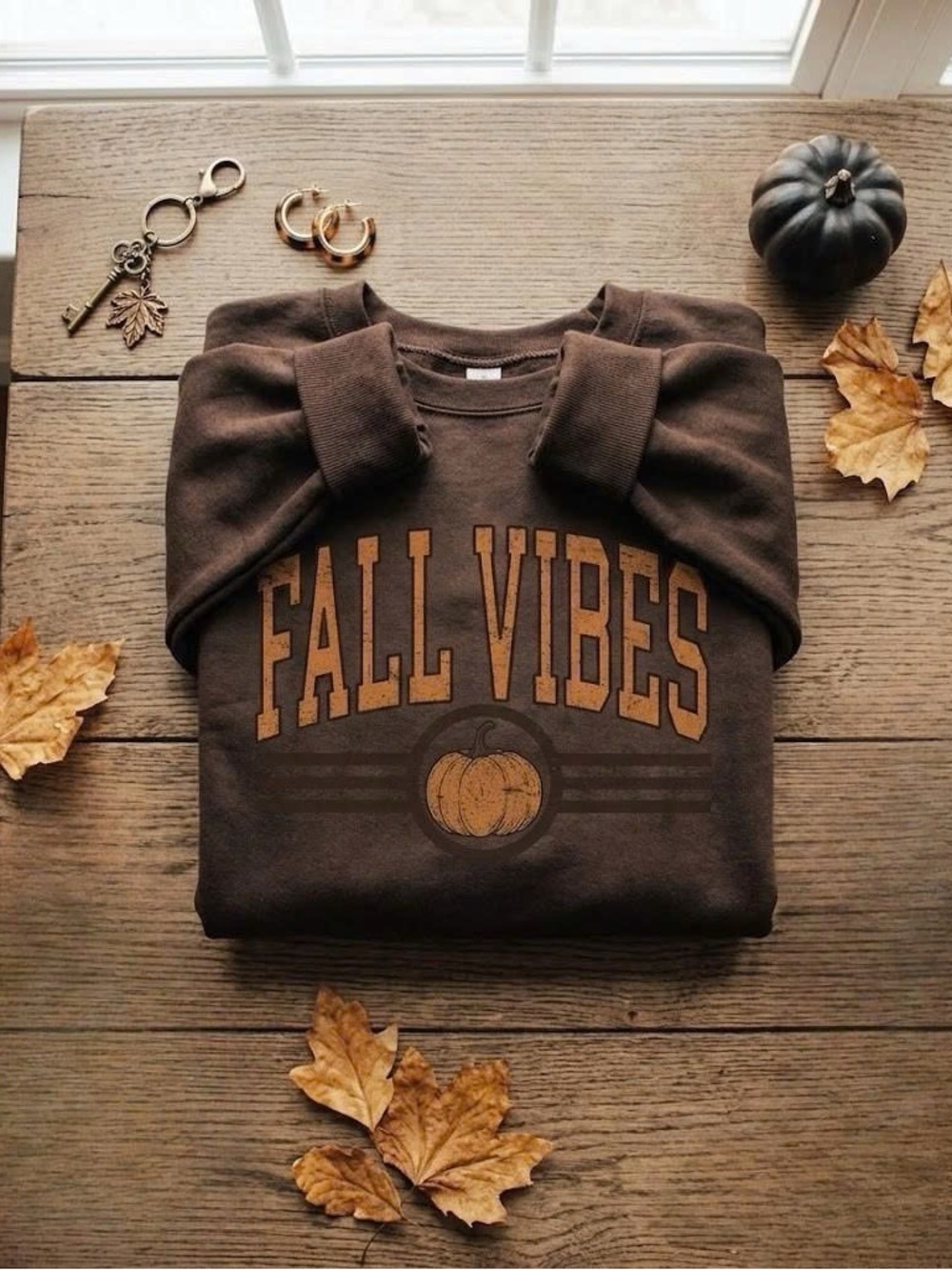 Fall Vibes Pumpkin Graphic Chocolate Brown Crewneck Sweatshirt